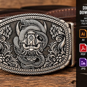 Puede incluir: Una hebilla de cinturón plateada con un diseño en relieve de una serpiente enroscada alrededor de una máscara con cuernos, rodeada de volutas florales. La imagen incluye el texto DIGITAL DOWNLOAD y lista los formatos AI, SVG, PDF, EPS, JPG, PNG.
