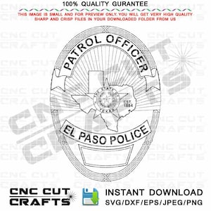 Odznaka oficera patrolu svg wektor czarna linia sztuki lub zarys pliku dxf do cięcia laserowego cnc, grawerowania, cięcia cricut, El Paso, Teksas