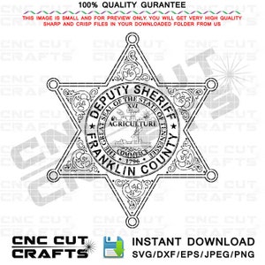 Deputy Sheriff SVG Badge Vector Outline File voor digitale snijmachine, graveren, Cnc Router, Cricut Cutting, Franklin County Tennessee