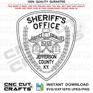 May include: Black and white vector graphic design of a sheriff's badge with the text "Sheriff's Office", "Justice & Equality", "Jefferson County", and "KY".