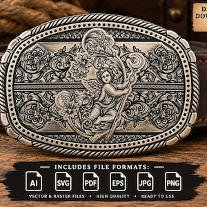 May include: An oval silver-toned belt buckle featuring an embossed cherub holding a staff with a crescent moon topper, surrounded by intricate floral scrollwork and a rope-style border, displayed on a dark brown leather belt with visible stitching.