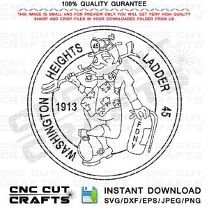 May include: Black and white line art illustration of a firefighter holding a ladder and a fire extinguisher. The firefighter is wearing a helmet and a uniform with the words "Washington Heights Ladder 45 1913" on it.