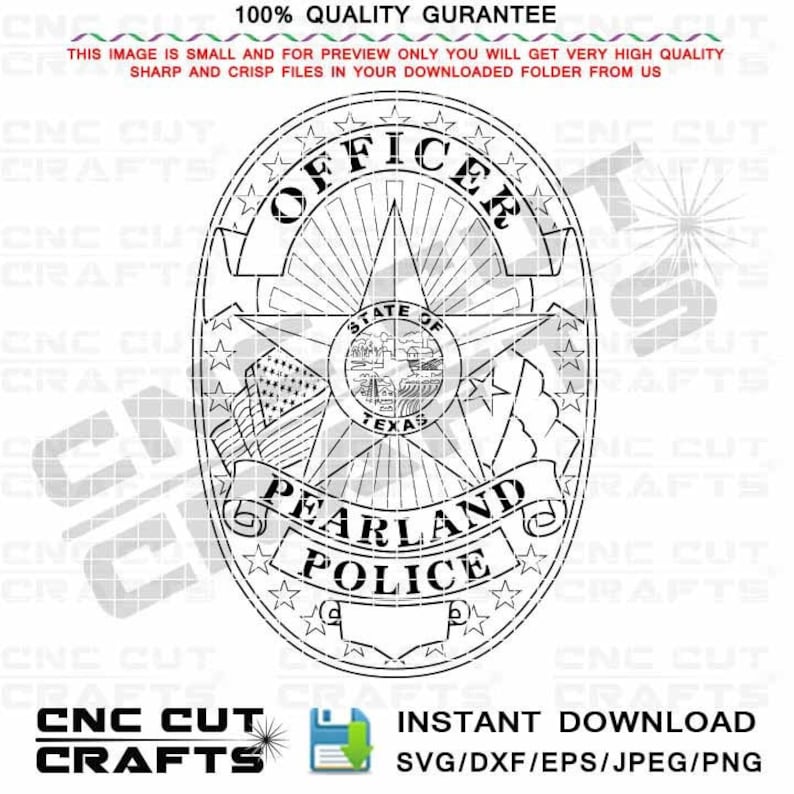 Pearland Police officer badge vector Svg black white outline Customizable badge number High Res dxf, eps, svg, cnc laser cut engraving file image 1