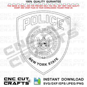 May include: A black and white outline drawing of a police badge. The badge features the words "POLICE" at the top, "METROPOLITAN TRANSPORTATION AUTHORITY" in a circle around a shield with the New York State seal, and "NEW YORK STATE" at the bottom.