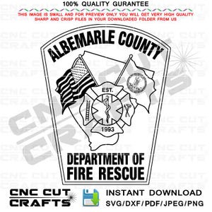 Parche del Departamento de Bomberos y Rescate del Condado de Albemarle, Virginia. Vector SVG para fresadora CNC, grabado en madera, grabado láser, archivo de corte digital.