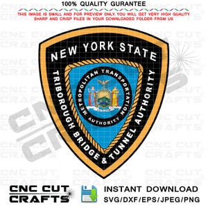 May include: A shield-shaped graphic featuring the words "New York State" and "Triborough Bridge & Tunnel Authority." The design includes a central emblem with the text "Metropolitan Transportation Authority." The graphic is in black, gold, and blue.