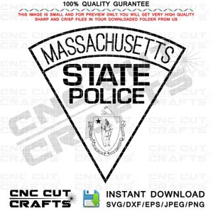 May include: Black and white vector graphic of the Massachusetts State Police logo. The logo is a triangle with the words "Massachusetts State Police" in a bold font. The state seal of Massachusetts is in the center of the triangle.