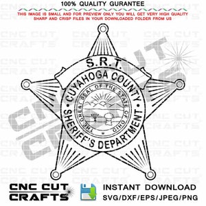 Puede incluir: Ilustración en blanco y negro de línea de arte de una insignia de sheriff con forma de estrella de cinco puntas. La insignia presenta el texto "S.R.T. Cuyahoga County Sheriff's Department" y un sello con el texto "Great Seal of the State of Ohio".