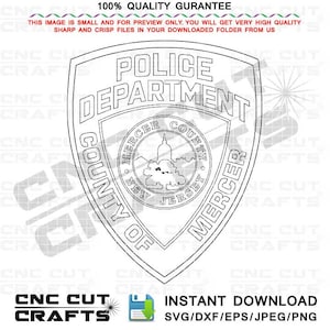 Puede incluir: Ilustración en blanco y negro de línea de arte de una insignia del departamento de policía. La insignia es de forma de escudo con las palabras "Police Department" en la parte superior. El centro de la insignia tiene un círculo más pequeño con las palabras "Mercer County, New Jersey".