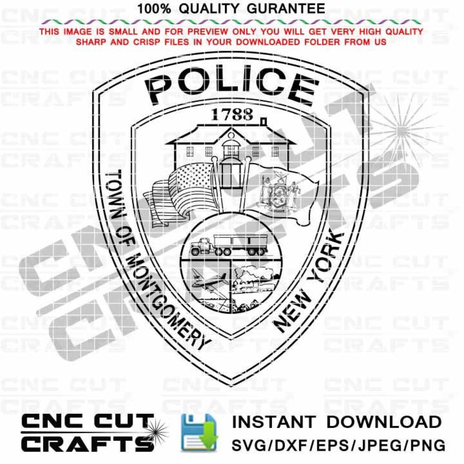 Stadt Montgomery Polizei svg Badge NY, Vektor Schwarz weiß Cnc Cricut