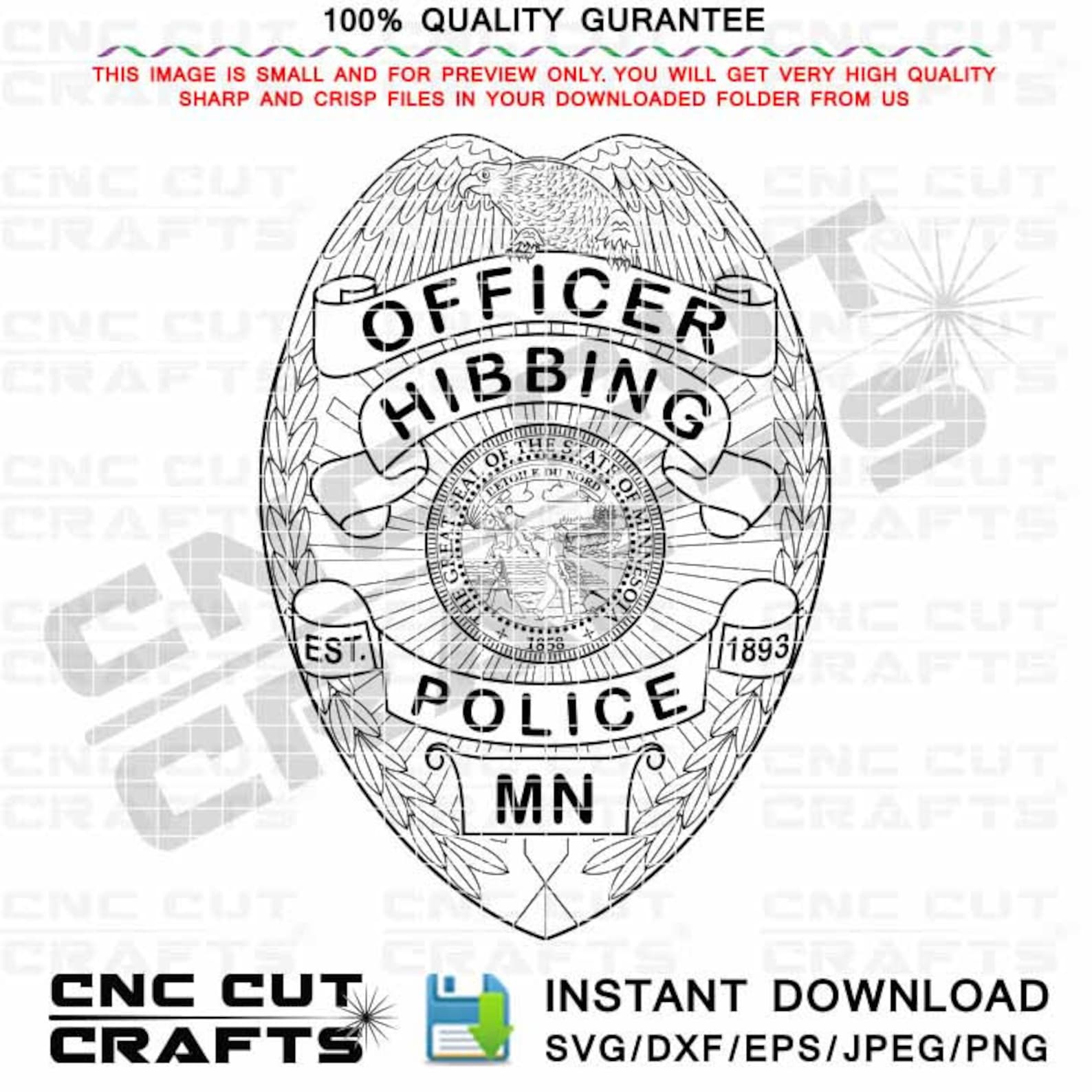 Hibbing Police Officer Badge Vector Svg Line Art or Outline Cnc Cutting