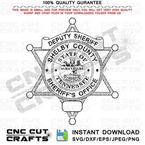 Deputy Sheriff Svg Vector Badge Shelby County Sheriffs office Tennessee line art dxf file for cnc, laser cut, metal laser engraving