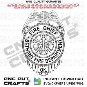 May include: A black and white graphic design of a fire chief badge featuring an eagle at the top, a central emblem with crossed trumpets, and the text FIRE CHIEF BETHANY FIRE DEPARTMENT OK. The design is presented as a digital file for download.