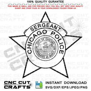 Sargento Police Badge Vector 5 Pointed Police Star Svg Outline Cnc Router Gravação de corte a laser, Cricut, Arquivo de máquina de corte, Cidade de Chicago