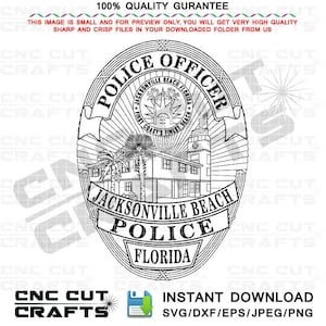 Jacksonville Beach Police Officer Badge Vektor Umriss Svg, Dxf, Eps, Digitale Schneidedatei zum Schneiden und Gravieren, Bundesstaat Florida