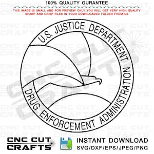 May include: Black and white line art illustration of the U.S. Drug Enforcement Administration logo. The logo features a stylised eagle with wings spread and the text "U.S. Justice Department Drug Enforcement Administration".
