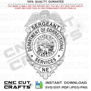Puede incluir: Ilustración en blanco y negro de línea de arte de una insignia para un Sargento de Servicios Correccionales en Nebraska. La insignia presenta un águila estilizada con las alas extendidas, un círculo con el sello del estado de Nebraska y las palabras "Sergeant of Correctional Services" y "NE".
