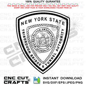 May include: Black and white vector graphic of the New York State Triborough Bridge and Tunnel Authority logo. The logo features a shield with the words "New York State" at the top and "Triborough Bridge & Tunnel Authority" wrapped around the sides. The center of the shield features a circle with the words "Metropolitan Transportation Authority" and the New York State seal.