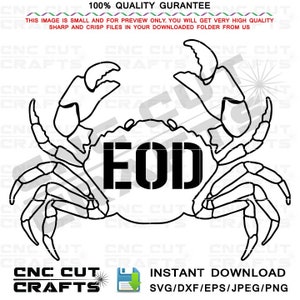 May include: Black and white line art illustration of a crab with the word "EOD" in black letters inside the crab's body.