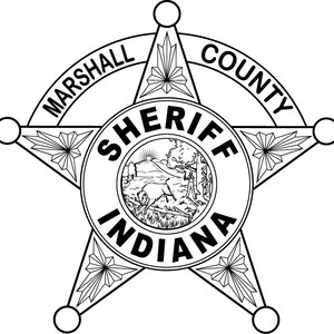 May include: Black and white illustration of a sheriff's star badge with the words "Marshall County Sheriff Indiana" in a circle around the star.