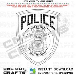 Pode incluir: Gráfico vetorial preto e branco de um distintivo de polícia com o texto "POLICE" e "MILFORD MICHIGAN". O distintivo também apresenta o selo do estado de Michigan com a frase latina "Si Quaeris Peninsulam Amoenam Circumspice" e a palavra "TUEBOR".