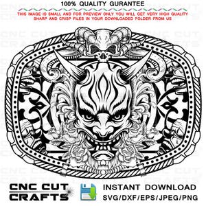 Oni Demon Belt Buckle SVG, Western Skull Engraving Design, Laser Cut Vector, Ram Skull Rodeo Buckle, Gothic Cowboy Digital Download