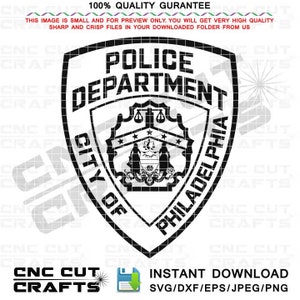Peut inclure: Graphique vectoriel noir et blanc d'un badge de police. Le badge porte les mots "Police Department" et "City of Philadelphia" dans une forme de bouclier.