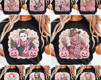 Coquette Heirloom Halloween Quilt Horror Characters PNG Bundle, Retro Halloween Pumpkin Coffee Designs, Spooky Sublimation Digital Download