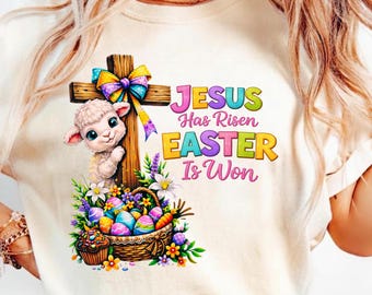 Jesús ha resucitado, la Pascua está ganada PNG, Coqueta de Pascua PNG, Cordero coqueto PNG, Pascua cristiana retro PNG, Camiseta de iglesia con diseño de sublimación de moda