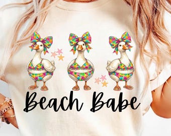 Ganso coqueto de playa PNG, lazo coqueto, diseños de camisetas, playa de verano de moda PNG, estética de playa PNG, playa preppy PNG, verano neón PNG