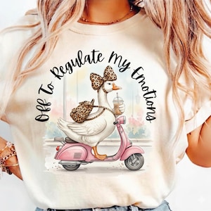 Off to Regulate Emotions PNG, Funny Goose Scooter Design Mental Health Humor PNG, Cute Duck Coffee Graphic Preppy Goose Coquette Leopard Bow