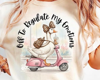 PNG de "A regular las emociones", diseño divertido de scooter de ganso, humor de salud mental, PNG, lindo gráfico de café de pato, ganso preppy, coqueta, lazo de leopardo