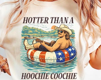 Descarga digital PNG "Más caliente que un Hoochie Coochie", diseños de camisetas para vacaciones de verano, camiseta meme de Hoochie Coochie, regalo para amantes de la música country de los 90