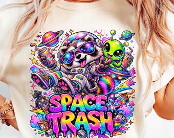 Mapache espacial astronauta y alienígena PNG Clip art de sublimación psicodélica Diseño de camiseta de galaxia Mapache de basura transparente imprimible psicodélico