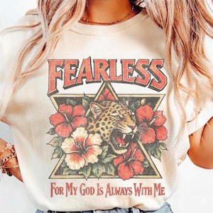 Fearless Leopard PNG Vintage Christian Bible Verse Design Religious T-Shirt Graphic Retro Faith Sublimation PNG Rock Band Vintage 80s Shirt