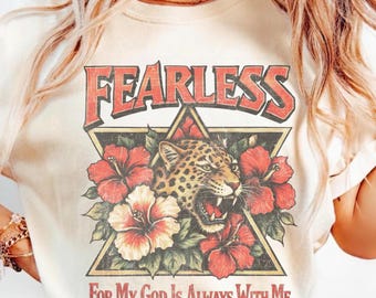Leopardo intrépido PNG Diseño de versículo bíblico cristiano vintage Camiseta religiosa Gráfico Retro Fe Sublimación PNG Banda de rock Vintage Camiseta de los 80