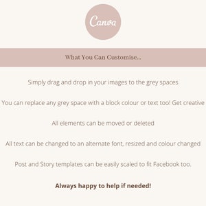 May include: Canva logo with the text "What You Can Customize..." and instructions on how to customize templates. The text says to drag and drop images into grey spaces, replace grey spaces with colors or text, move or delete elements, change fonts, resize and change colors of text, and scale templates to fit Facebook.