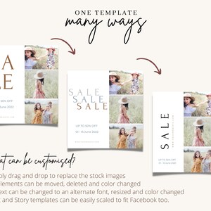 May include: Three different layouts for a social media sale announcement. The announcement features a white background with the word "SALE" in a brown font. The announcement also includes a photo of three girls in a field. The text "UP TO 50% OFF" and "01-15 June 2022" is also included.