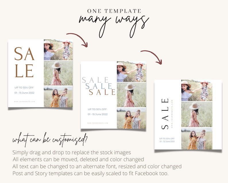 May include: Three different layouts for a social media sale announcement. The announcement features a white background with the word "SALE" in a brown font. The announcement also includes a photo of three girls in a field. The text "UP TO 50% OFF" and "01-15 June 2022" is also included.