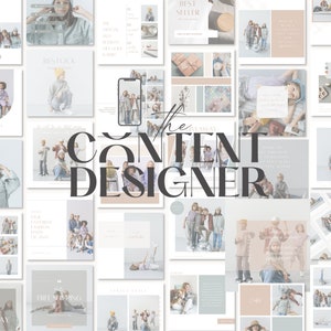 May include: A collage of images showcasing various content design ideas for social media. The images feature children wearing clothing, gifts, and text overlays. The text "The Content Designer" is prominently displayed in the center of the collage.