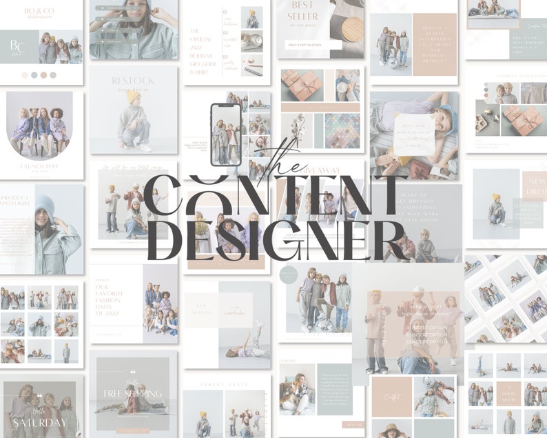 May include: A collage of images showcasing various content design ideas for social media. The images feature children wearing clothing, gifts, and text overlays. The text "The Content Designer" is prominently displayed in the center of the collage.