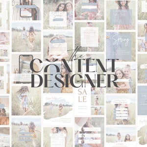May include: A collage of images featuring children in various settings, with text overlays promoting a "Content Designer" brand. The images include children in a field, wearing clothes, and holding signs. The text includes phrases like "Spring", "Summer", "Sale", and "Giveaway".