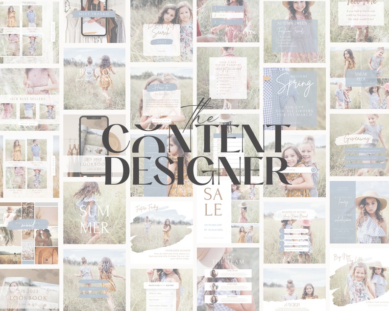 May include: A collage of images featuring children in various settings, with text overlays promoting a "Content Designer" brand. The images include children in a field, wearing clothes, and holding signs. The text includes phrases like "Spring", "Summer", "Sale", and "Giveaway".