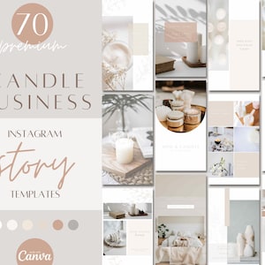 Könnte beinhalten: 70 Premium-Instagram-Story-Vorlagen für Kerzengeschäfte. Die Vorlagen zeichnen sich durch eine neutrale Farbpalette aus Weiß, Beige und Grau aus. Die Vorlagen sollen Unternehmen dabei helfen, ihre Kerzen zu bewerben und ansprechende Inhalte für ihre Follower zu erstellen.