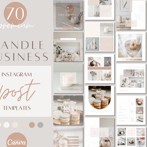 Puede incluir: 70 plantillas de publicaciones de Instagram para negocios de velas. Las plantillas presentan una variedad de imágenes, incluidas velas, frascos y otros artículos decorativos. Las plantillas están diseñadas en un estilo minimalista con una paleta de colores neutros.