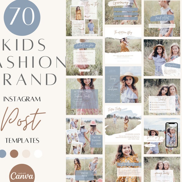 Kids Fashion brand Instagram Post templates, childrens clothing brand insta posts, customizable canva template, kids clothing label