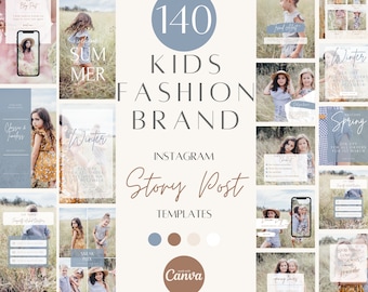Kids Fashion merk instagram post- en verhaalsjablonenbundel, kinderkledingmerkmarketingbundel, aanpasbare sjablooncanva,