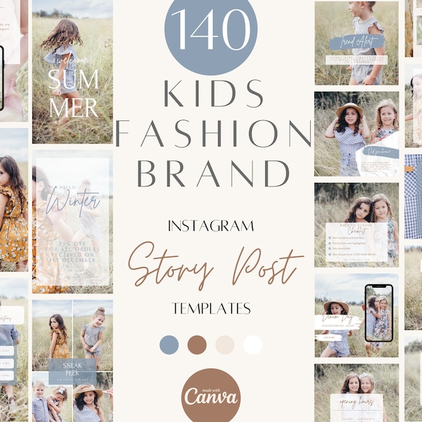 Kids Fashion brand instagram post and story templates bundle, childrens clothing brand marketing bundle, customizable template canva,