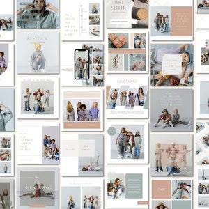 May include: A collection of social media graphics for an online shop selling children's clothing. The graphics feature a variety of images of children wearing different outfits, along with text that promotes the shop's products and services. The graphics are designed in a modern and minimalist style, with a focus on light blue and pink colors.