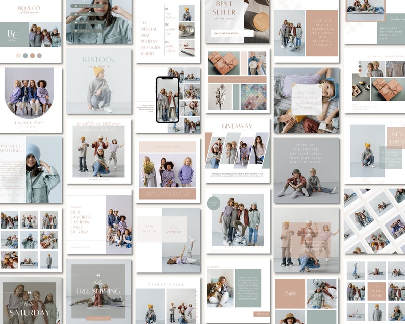 May include: A collection of social media graphics for an online shop selling children's clothing. The graphics feature a variety of images of children wearing different outfits, along with text that promotes the shop's products and services. The graphics are designed in a modern and minimalist style, with a focus on light blue and pink colors.